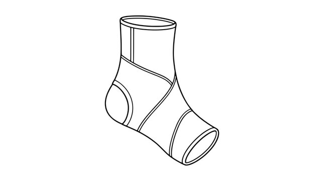 Black outline vector icon of an ankle compression sleeve with open heel and toe holes, diagonal crossing straps and side seam drawn in medium lines in angled lateral view revealing wrapped shape