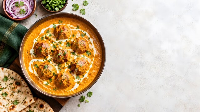Creamy malai kofta with naan and garnish rests on a textured surface