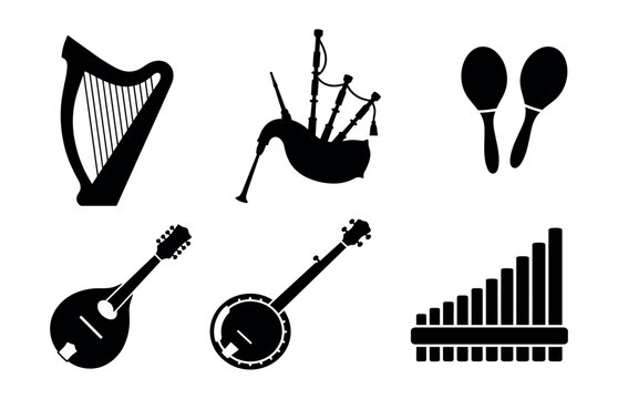 Collection of musical instrument silhouettes including a harp, bagpipes, maracas, mandolin, banjo, and a pan flute on white background