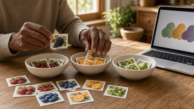 Sorting example photos into groups on a kitchen table