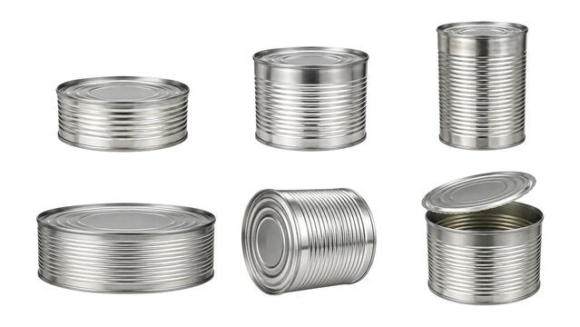 Set of six silver metal food cans and lids shown in various orientations on a transparent background, featuring unopened, opened and horizontal views for packaging or product mockup use