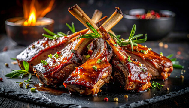 Honey glazed lamb ribs with charred crust in dark fine dining presentation