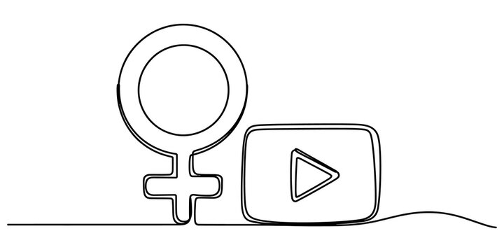 Continuous single line drawing of female gender symbol and video play button icon for social media content creation and women empowerment theme isolated on transparent background, Vector