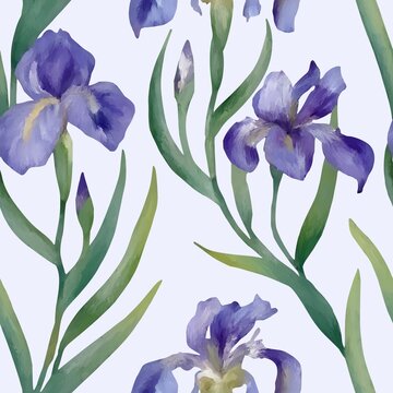 Seamless lavender iris flower pattern, botanical floral background illustration