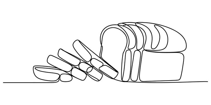 Continuous single line drawing of a loaf of bread sliced into pieces on a flat surface representing simple bakery food item in a minimalist black style isolated on transparent background, Vector