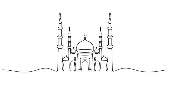 Continuous single line drawing of an Islamic mosque building with tall minarets and a central dome symbol for religious architecture and culture isolated on transparent background, Vector