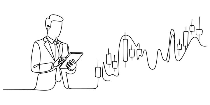 Continuous line drawing of a businessman looking at a digital tablet with growing financial stock market candle stick chart graph on a screen isolated on transparent background, Vector