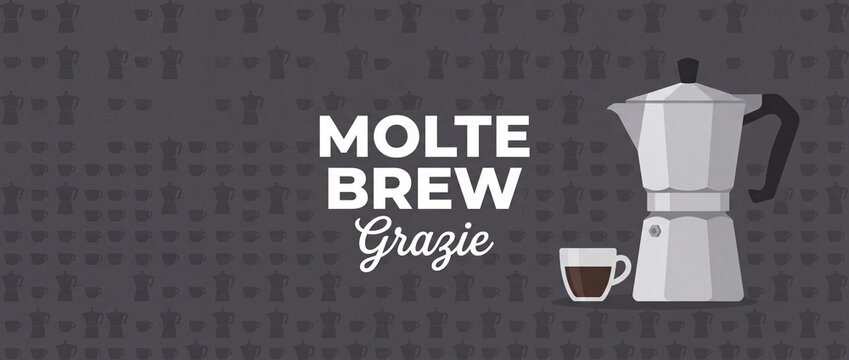 Moka pot coffee maker illustration vector banner background with espresso cup and modern typography logo design for cafe shop menu poster cover header graphic wallpaper template horizontal frame