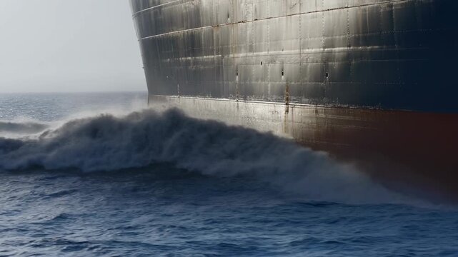 Large ship hull is struck by rolling ocean waves, sending white foam and spray along dark metal plating beside open water under hazy daylight and a low horizon view