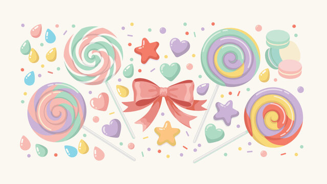 Vibrant collection of colorful swirled lollipops, macarons, bows and sweet candies arranged on light background.