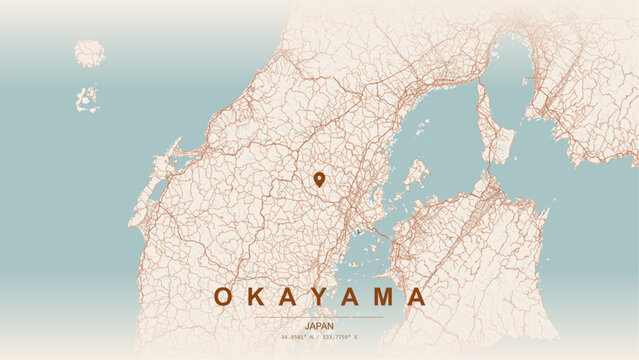 岡山県（岡山都市圏・瀬戸内海沿岸および旭川流域）のモダンミニマリストベクターマップ。スケーラブルな城下町都市ストリートグリッド、瀬戸内海・児島湾の海岸線、旭川・吉井川デルタ水系、山陽自動車道・瀬戸中央自動車道（瀬戸大橋線）コリドー、山陽新幹線およびJR西日本中国地方最大級の総合鉄道ハブを備えた、ウォールアートプリントポスター用レイアウト。