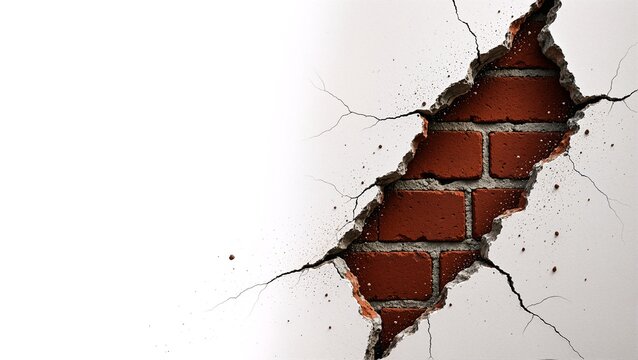 Abstract Background of a White Cracked Wall with a Large Broken Hole Revealing an Inner Red Brick Wall Texture Design