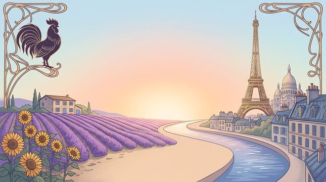 Illustration of Paris landmarks and Provence lavender fields as a presentation background for tourism materials, travel agency displays, and culture brochures.