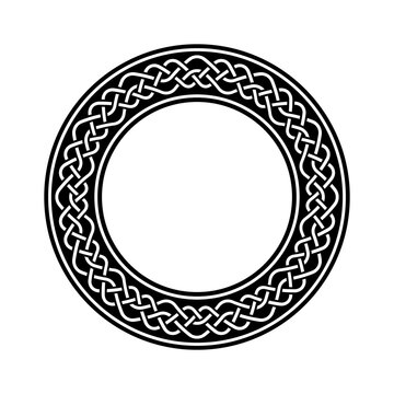 Detailed Celtic Knot Ring Frame with Intricate Interwoven Ornament, Black Circular Border and Traditional Decorative Pattern for Emblems, Logos and Graphic Design.