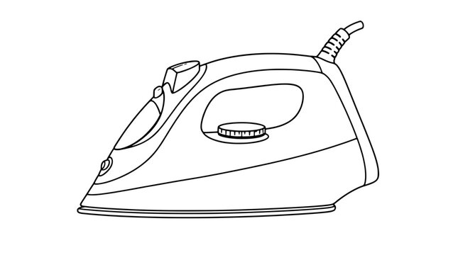 Black outline vector icon of an electric steam iron with pointed toe handle control dial and rear cord rendered in thin sharp lines in lateral profile composition accentuating domestic pressing