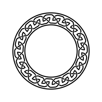 Geometric Celtic Knot Circle Frame with Interwoven Linework, Black Round Border and Traditional Decorative Ornament for Logos, Emblems, Badges and Graphic Design