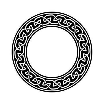 Celtic Knot Circular Border Frame with Open Interwoven Line Pattern, Traditional Black Ornament and Decorative Round Ring for Logos, Badges, Emblems and Graphic Design