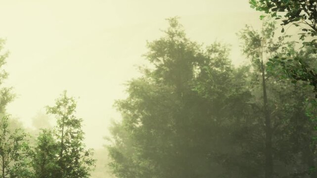 In a serene forest, soft morning fog blankets the trees, casting a mystical glow. Leaves glisten with dew as nature awakens to a peaceful start. The tranquility invites reflection and wonder.