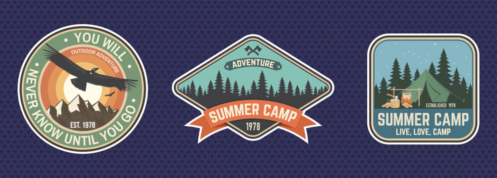 Summer Camp and Outdoor Adventure Sticker Collection with Flying Eagle, Mountain Landscape, Pine Forest and Camping Tent, Vintage Travel Badges, Wilderness Emblems and Retro Nature Graphics