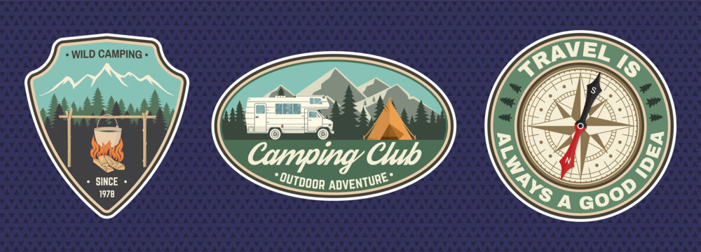 Wild Camping and Outdoor Travel Sticker Collection with Campfire, Mountain Landscape, Camper Van, Tent and Compass, Vintage Adventure Badges, Retro Wilderness Emblems for Hiking and Exploration