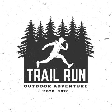 Trail Running Vintage Graphic with Runner Silhouette, Pine Forest and Outdoor Adventure Typography, Distressed Black and White Sports Emblem for Hiking, Athletics and Fitness Apparel