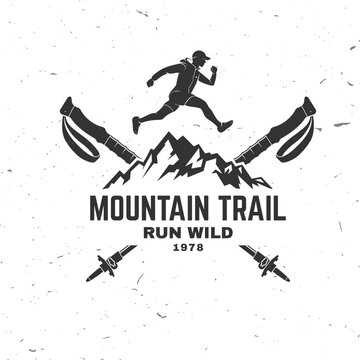 Mountain Trail Running Vintage Sports Graphic with Running Athlete, Rocky Mountain Peaks and Trekking Poles, Distressed Outdoor Adventure Emblem for Trail Runners, Hiking, Fitness and Endurance Traini