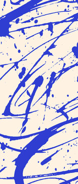 Blue Abstract Paint Splashes and Dynamic Brush Strokes on Beige Vertical Background, Expressive Grunge Texture Bookmark Design with Hand Painted Marks and Artistic Energy.