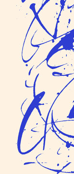 Blue Abstract Flowing Curves and Loose Scribble Lines on Beige Vertical Background, Modern Organic Linear Art with Expressive Hand Drawn Strokes for Creative Bookmark Design