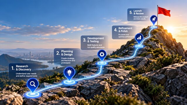 Strategic business development roadmap and product lifecycle concept with glowing path leading to success flag on mountain peak