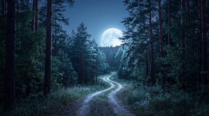 Fototapeta premium A winding dirt road cuts through a dense, dark pine forest under a glowing full moonlit night sky filled with twinkling stars and cool blue moonlight.