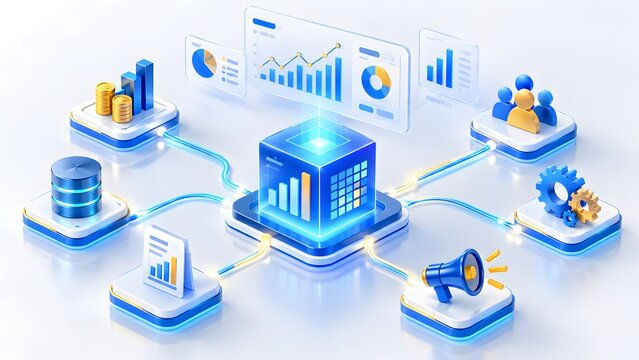 Isometric digital data center hub connecting business intelligence analytics marketing and corporate management networks