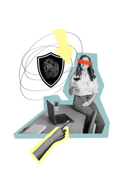 Vertical photo collage of happy girl hold wine glass workplace fingerprint access cybersecurity decode isolated on painted background