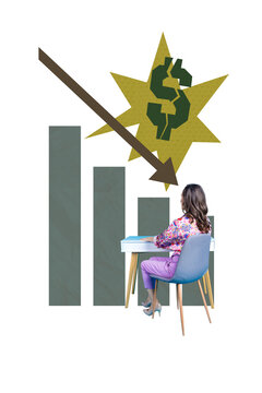 Vertical photo collage of anonym inexperienced businesswoman sit workplace arrow decline dollar crack fail isolated on painted background