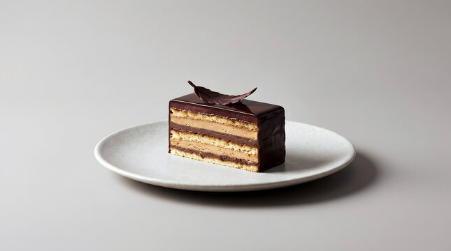 A rectangular slice of layered chocolate opera cake with a dark chocolate glaze and a chocolate leaf garnish on a white ceramic plate
