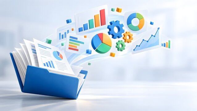 Blue document folder bursting with 3d financial charts graphs and gears representing business analytics and data processing