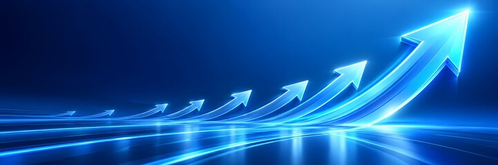 Futuristic glowing blue upward arrows representing business growth financial success and upward economic trend trajectory