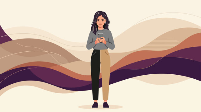 Modern Woman Using Smartphone flat vector illustration holding mobile phone against abstract wavy background ideal for social media marketing and digital communication concepts.
