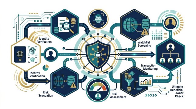 A process involving identity verification, risk assessment, and transaction monitoring within cybersecurity.