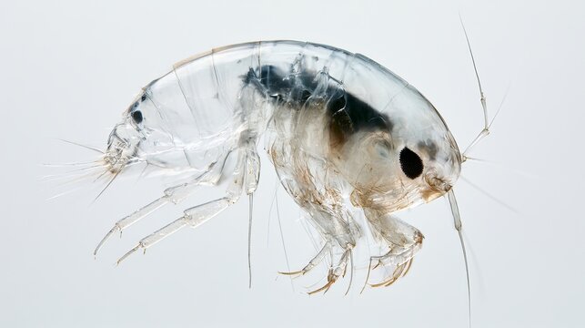 Tiny translucent crustacean with delicate appendages gracefully floating in a bright, clean, isolated studio light