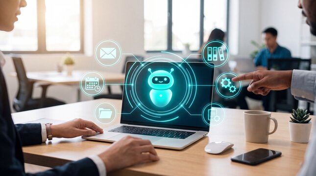 Business colleagues working together with laptop computer displaying digital AI chatbot interface and workflow automation icons in modern bright office