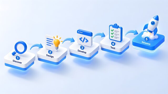 Five step software development lifecycle roadmap from discovery and design to testing and final product launch