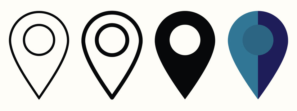 Location pin map marker icon collection, identical classic navigation symbol with circular center in thin outline, bold outline, solid glyph and flat blue corporate vector styles
