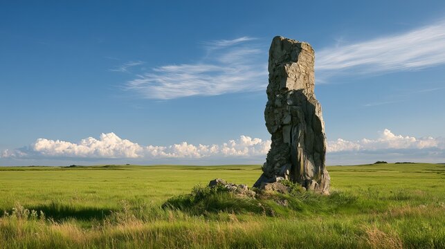 Ancient weathered stone monolith standing tall against a clear blue sky, representing history, strength, and timeless landscape