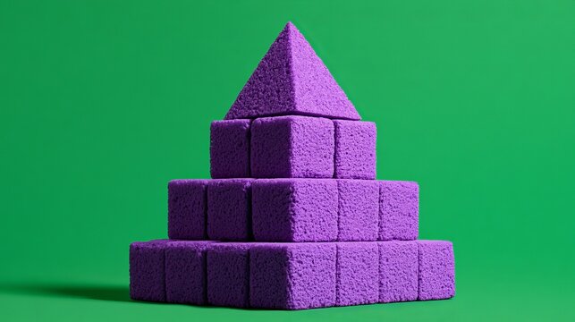 Purple geometric pyramid sits atop square blocks against vivid green backdrop, representing abstract structure and modern design