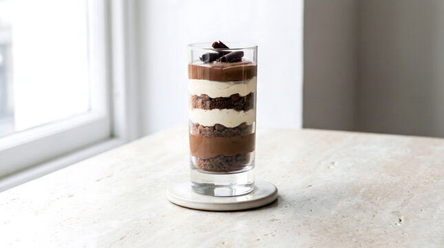 Layered chocolate mousse and cream dessert in a tall glass, topped with dark chocolate curls, sitting on a stone coaster
