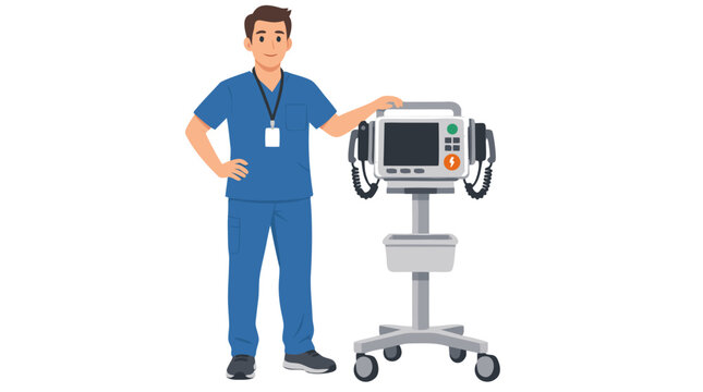 Male medical technician in blue scrubs standing confidently beside a mobile defibrillator monitor on wheeled stand, emergency cardiac care equipment illustration isolated on white background