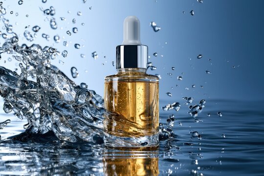 Glass dropper bottle with golden serum surrounded by dynamic splashes of water on reflective surface with blue gradient background