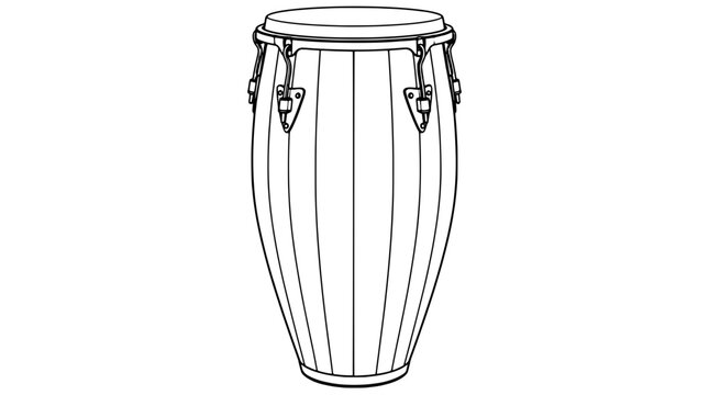 Black outline vector icon of a tall conga drum with vertical staves a top head and side tuning lugs on triangular brackets drawn with thin lines centered upright highlighting rhythmic craftsmanship