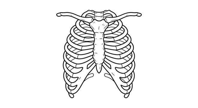 Human ribcage anatomy illustration detailed line drawing on a white background silhouette