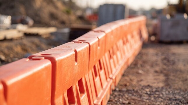 Bright orange plastic construction barriers lined up along a dusty road at a worksite, providing safety and boundary control during roadwork activities.